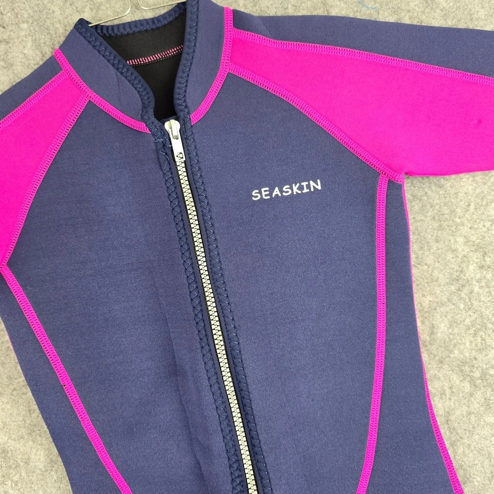 Seaskin Wetsuit Girls Size 6 Navy Pink Shorty Front Zip Short Sleeve Wetsuit